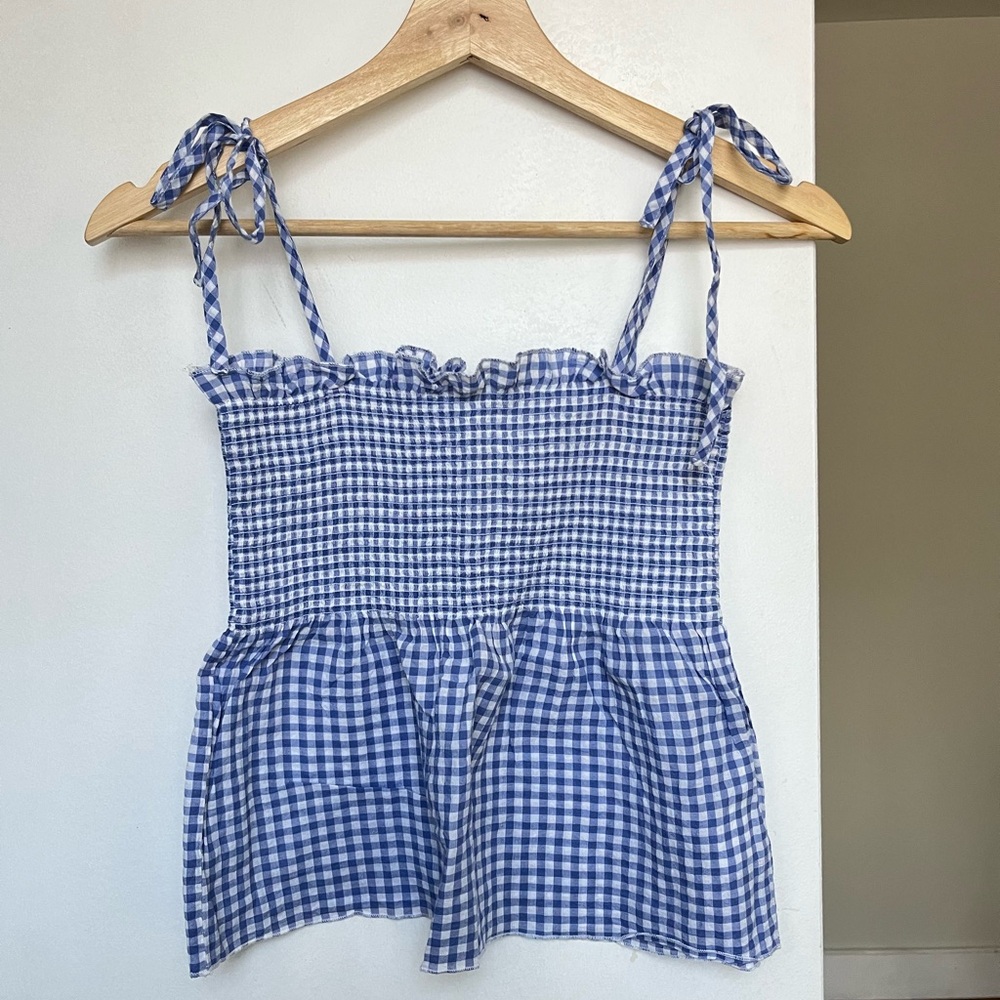 H&M Blue white gingham plaid peplum sleeveless cami tank top ruched US 2 XS